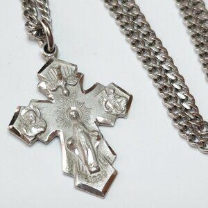 Vintage Sterling Silver Four Way Medal Cross Crucifix Chain Necklace Pendant